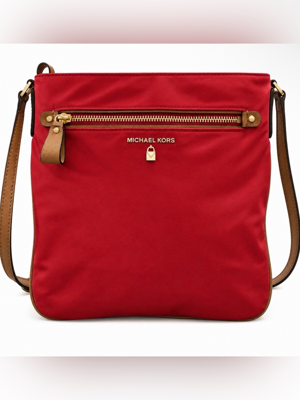 Michael Kors Kelsey Large Red Nylon Crossbody Bag Tan Leather Gold Hardware
